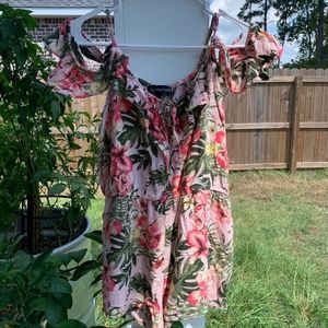 Derek Heart Pink and Green Floral Romper with off the shoulder Sleeves